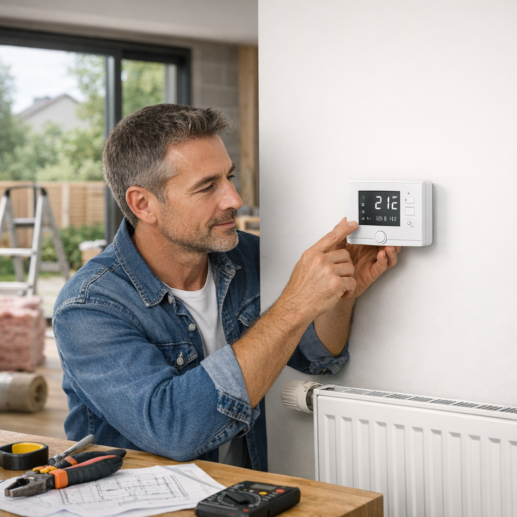 A man adjusts a digital thermostat on a wall next to a radiator while tools and plans are visible on a nearby table.