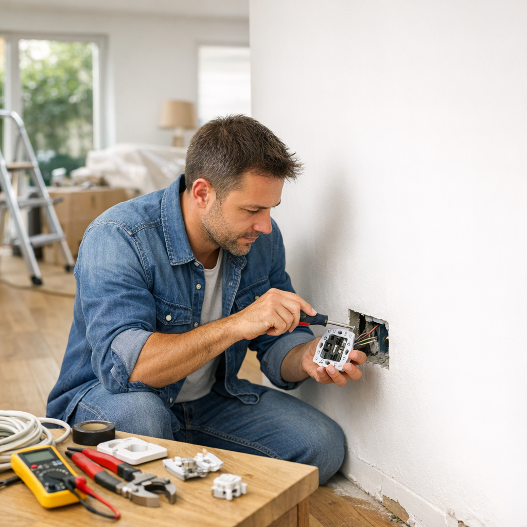 A man in a denim jacket is installing an electrical outlet in a wall while sitting on the floor surrounded by tools and materials.