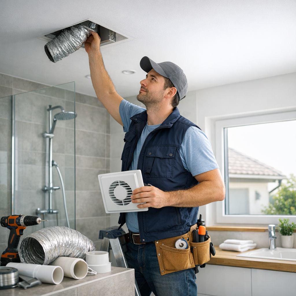 A man in a blue vest installs a ventilation duct in the ceiling of a bathroom while holding a vent cover.