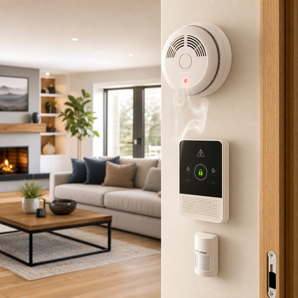 A smoke detector with a red light and a smart home control panel are mounted on a wall in a modern living room featuring a couch, coffee table, and decorative plants.