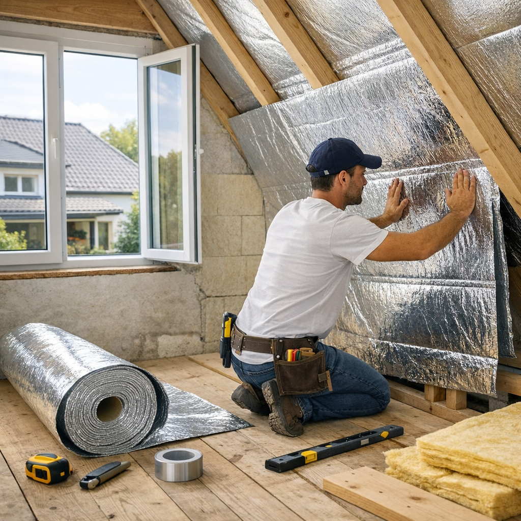 A man kneels on a wooden floor installing reflective insulation in an unfinished attic with tools and materials nearby.