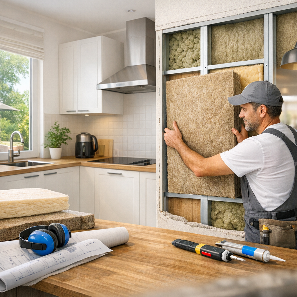 A worker installs insulation into a wall in a modern kitchen setting, with tools and plans on the countertop.
