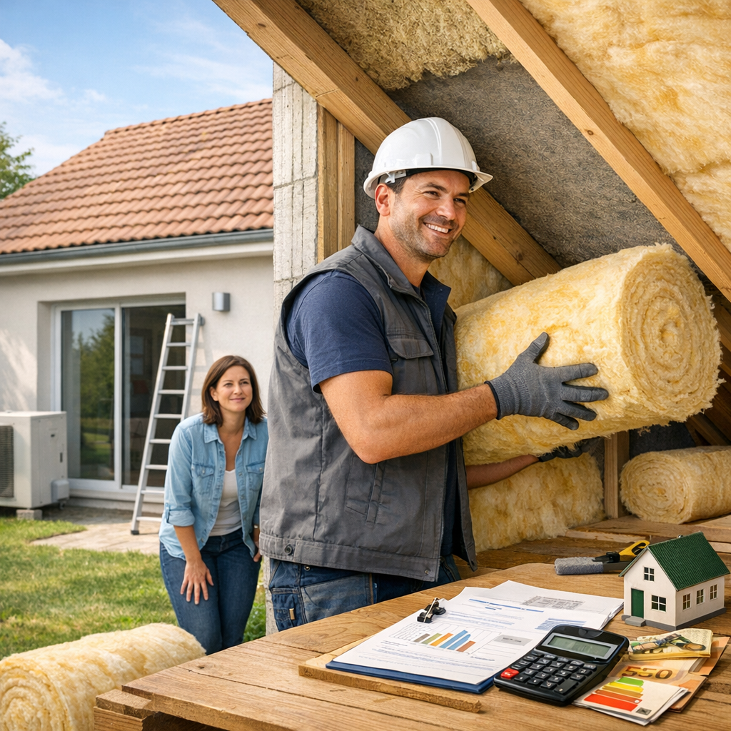 A construction worker in a hard hat and gloves lifts a roll of insulation while a woman observes near a table with paperwork and tools in a home renovation setting.