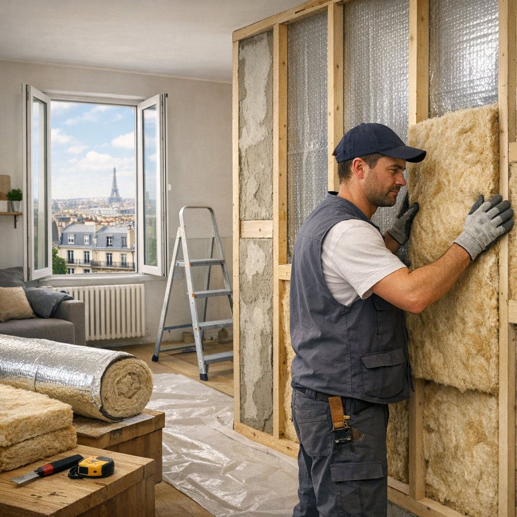 A man in work gloves installs insulation in a partially constructed wall, with a view of the Eiffel Tower through an open window in the background.