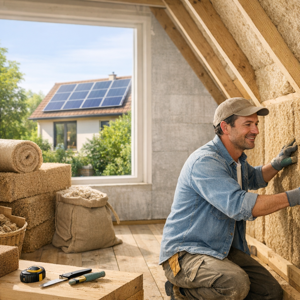 A man in a denim shirt installs insulating material on a wall in a sunlit attic with a view of a house featuring solar panels outside.
