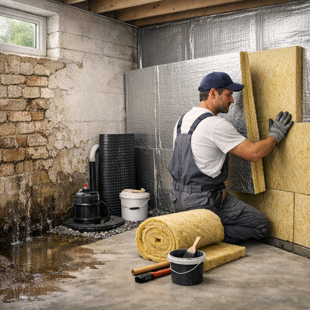A man wearing a gray overall and gloves is installing insulation panels in a basement with exposed brick walls, while tools and materials are arranged nearby.