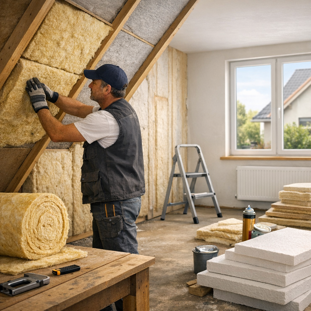 A worker installs insulation materials on a sloped wall inside a room, with tools and supplies visible nearby.