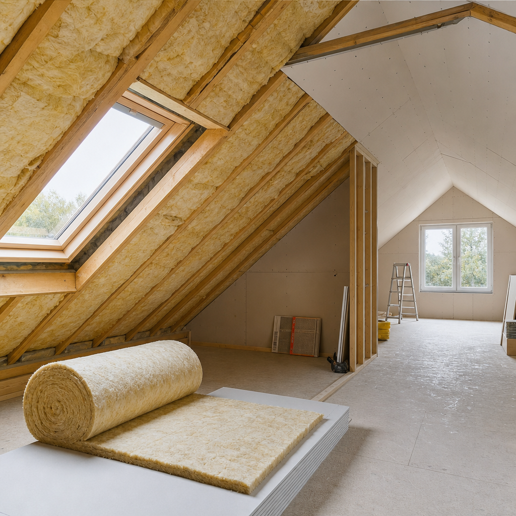 A partially finished attic space features sloped wooden beams, insulation on the walls, a roll of insulation on a flat surface, and a ladder in the corner near a window.