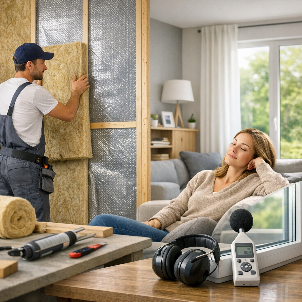 A man installs insulation in a wall while a woman relaxes on a couch, with a sound level meter and headphones on the table.