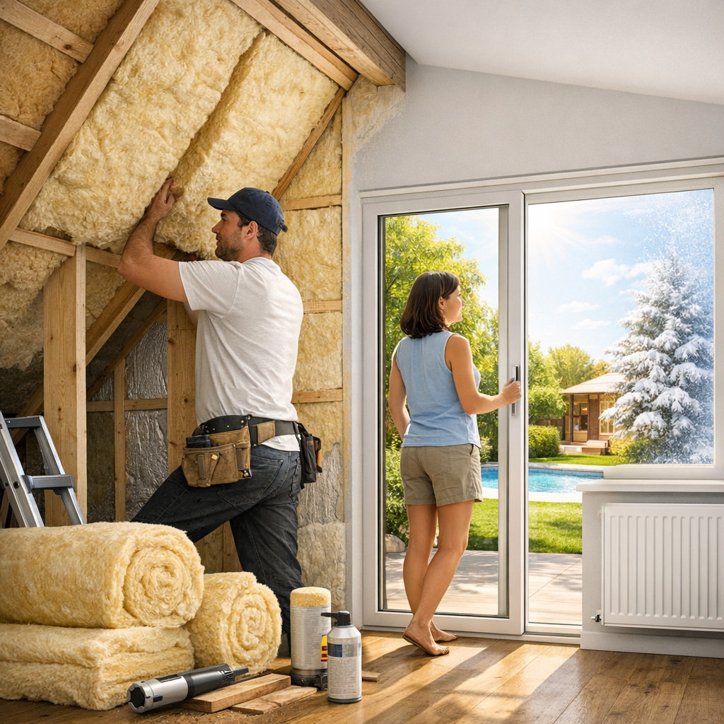 A man installs insulation in an attic while a woman stands by a large window, looking out at a snowy landscape and a swimming pool.