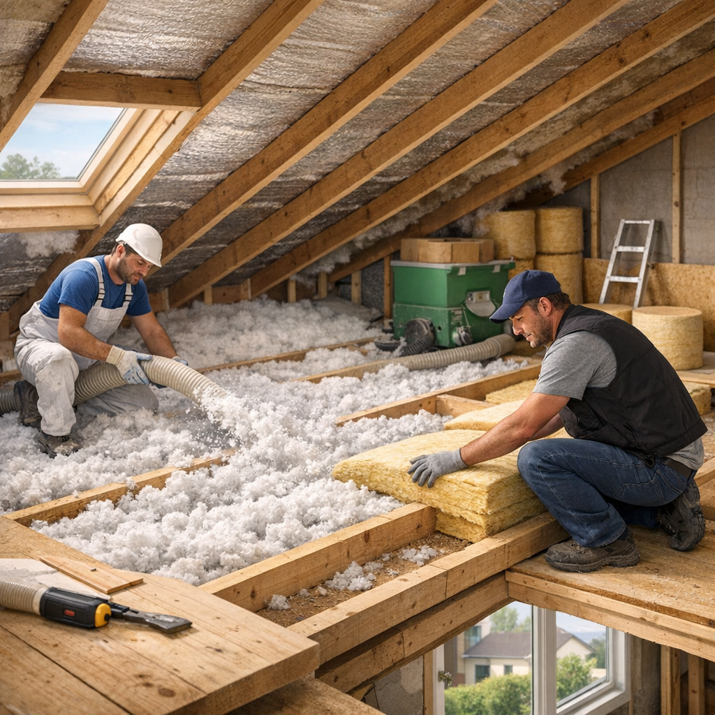 Two workers are installing insulation in an attic, one using a hose to distribute material while the other positions batts of insulation.