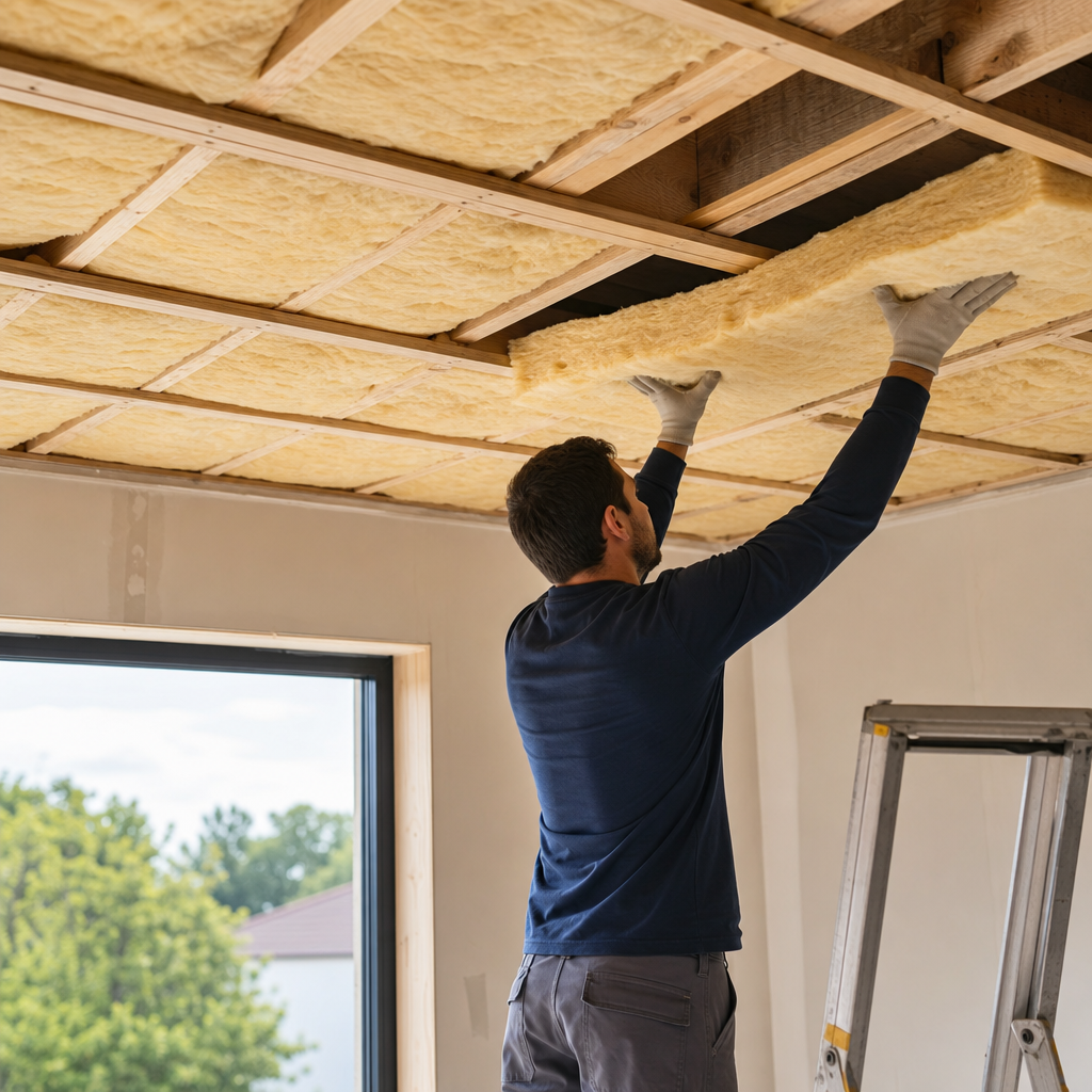 A person wearing gloves is installing insulation panels on a ceiling in a partially finished room.