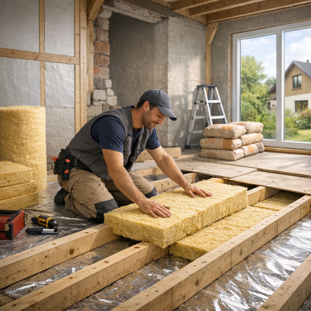 A man in a grey vest and cap is kneeling on wooden beams, installing insulation panels in a partially renovated room with large windows.