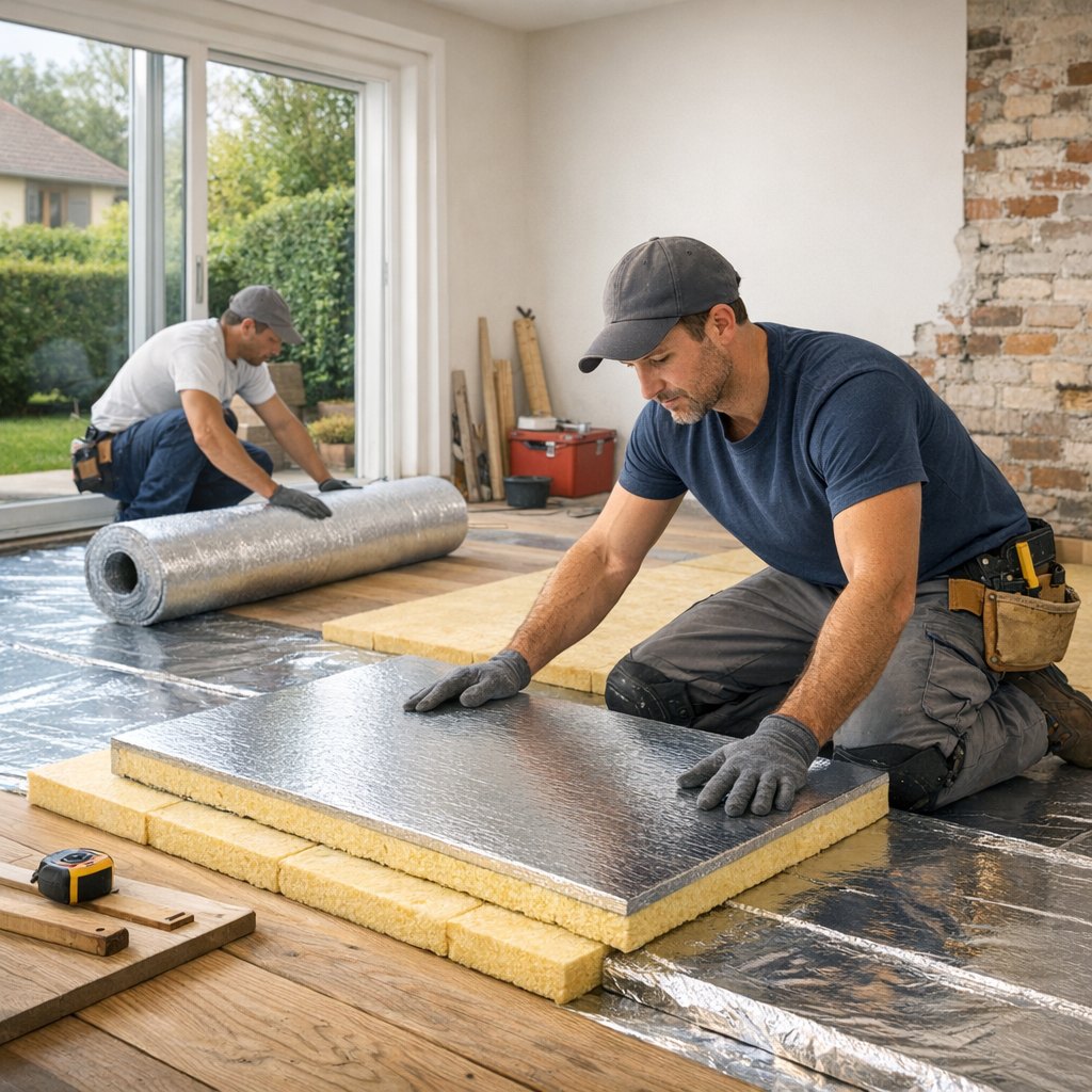 Two men working on a flooring installation, one rolling out insulation while the other positions reflective panels on a wooden floor.