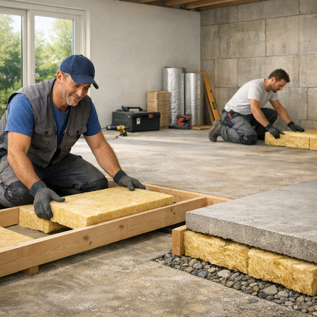 Two workers are installing insulation boards in a partially constructed room with a concrete floor.