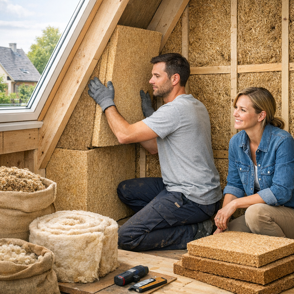 A man in a gray shirt is stacking insulation panels in an attic while a smiling woman in a denim jacket observes.