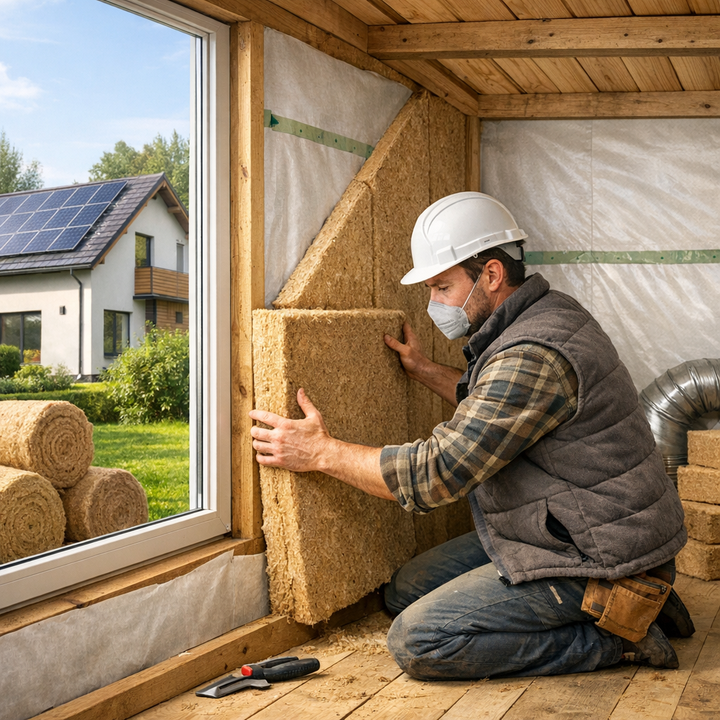 A construction worker wearing a hard hat and mask installs insulation panels in a wooden-framed room with a view of a house featuring solar panels outside.