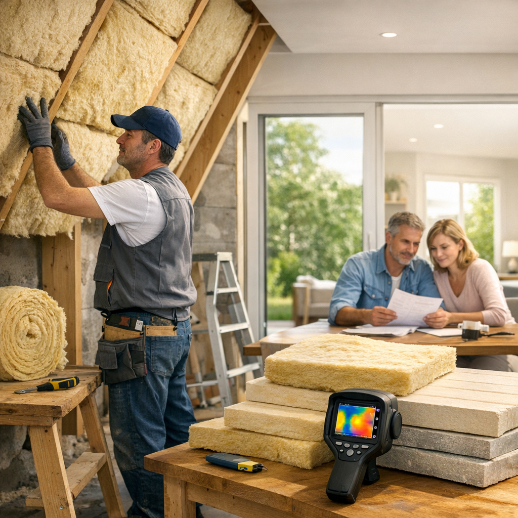 A contractor installs insulation while a couple reviews building plans at a nearby table.