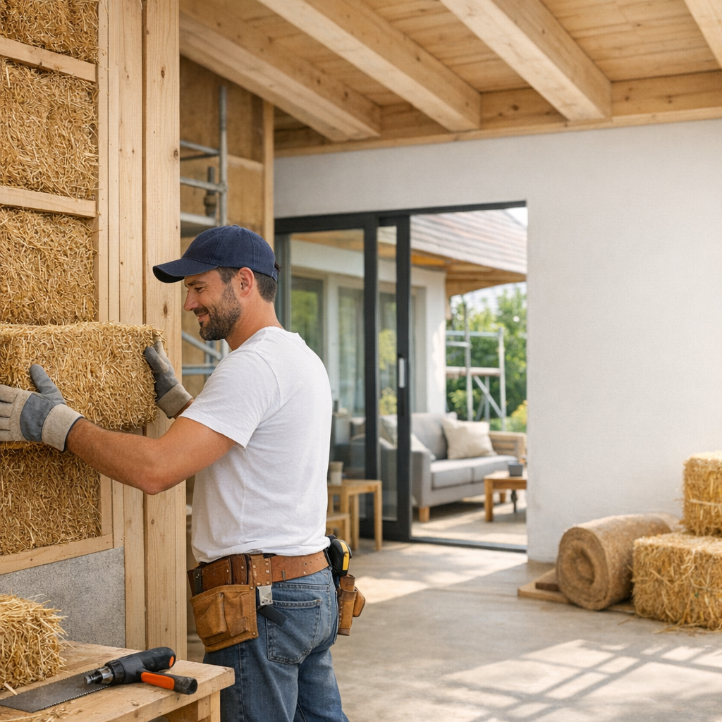 A man in a white shirt and blue cap is placing bales of straw onto a wooden wall while standing in a partially constructed building.