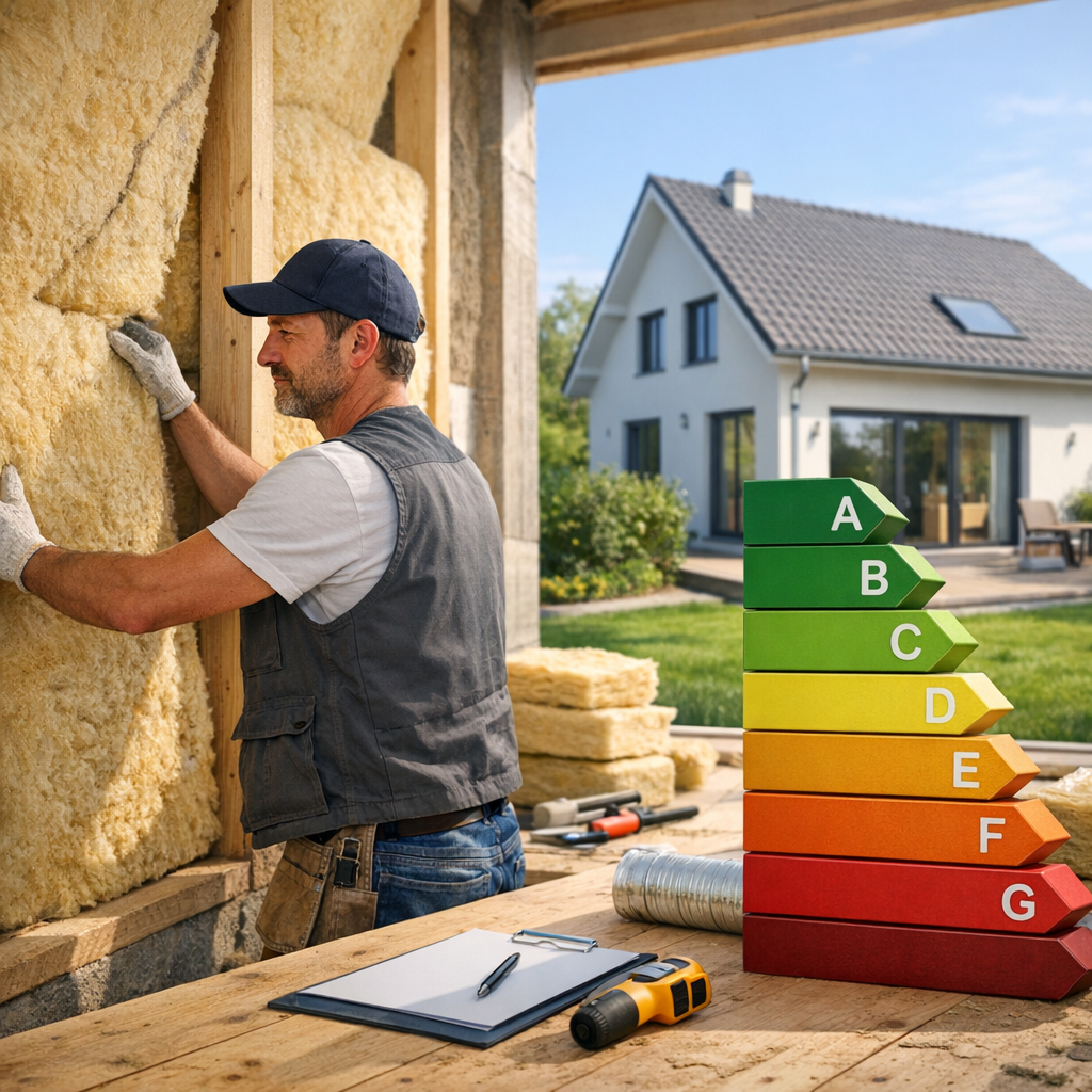 A man in a work vest installs insulation in a wall while energy efficiency labels are displayed on a table in front of a house.
