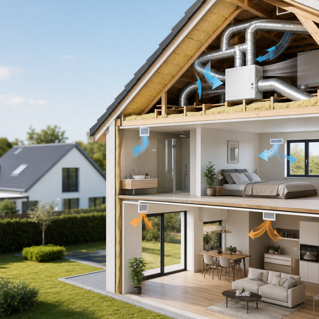 A cutaway view of a modern home showing air ventilation systems with arrows indicating airflow in different rooms.