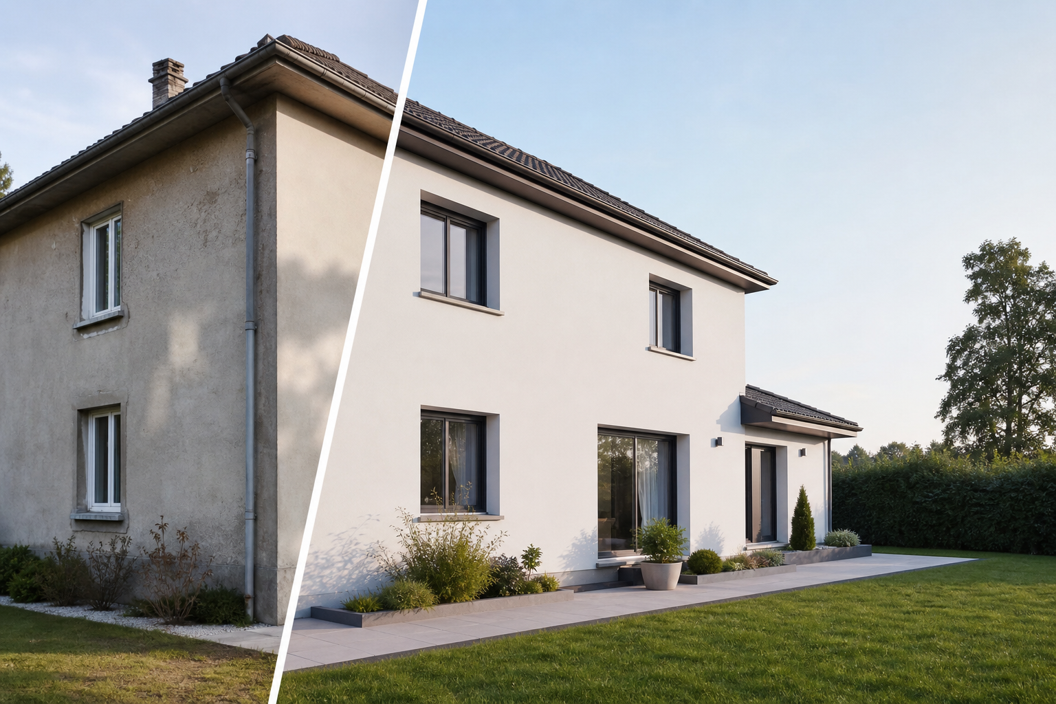 Isolation extérieure avant/après d’une maison rénovée avec façade isolée