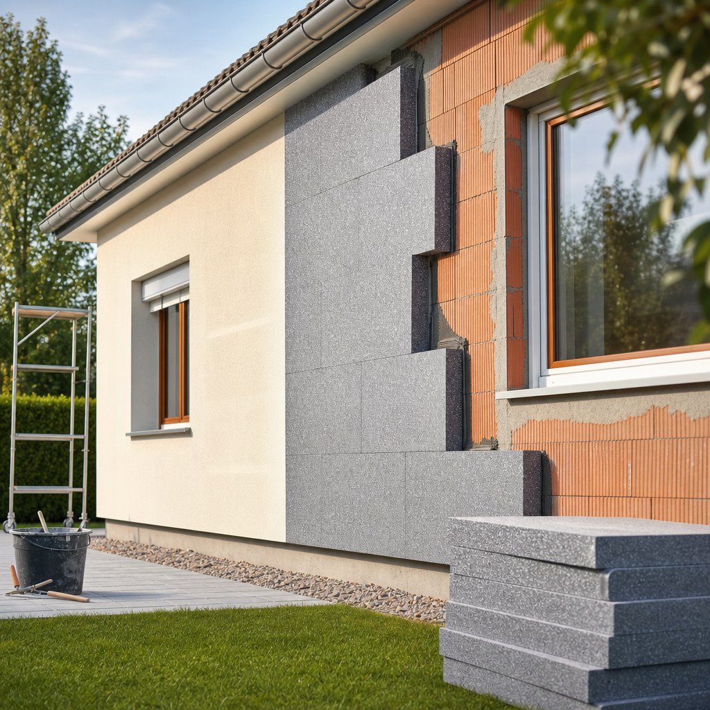 A partially renovated house exterior features gray panels being applied over a textured orange wall, with a ladder and tools visible nearby.