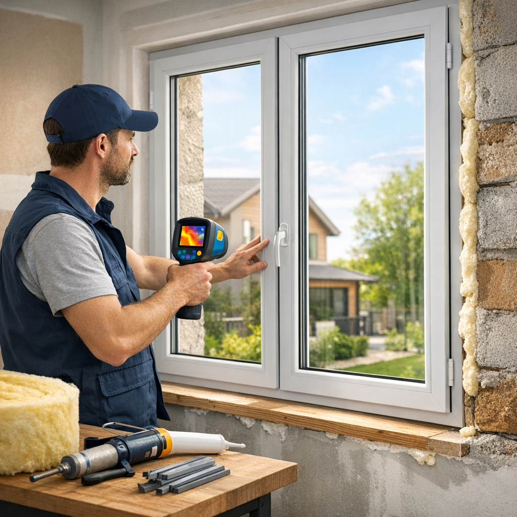 A worker using an infrared thermometer to inspect a window frame in a partially renovated home.