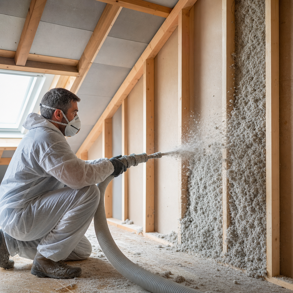 A worker in protective gear uses a hose to apply insulation material to a wall in an attic.