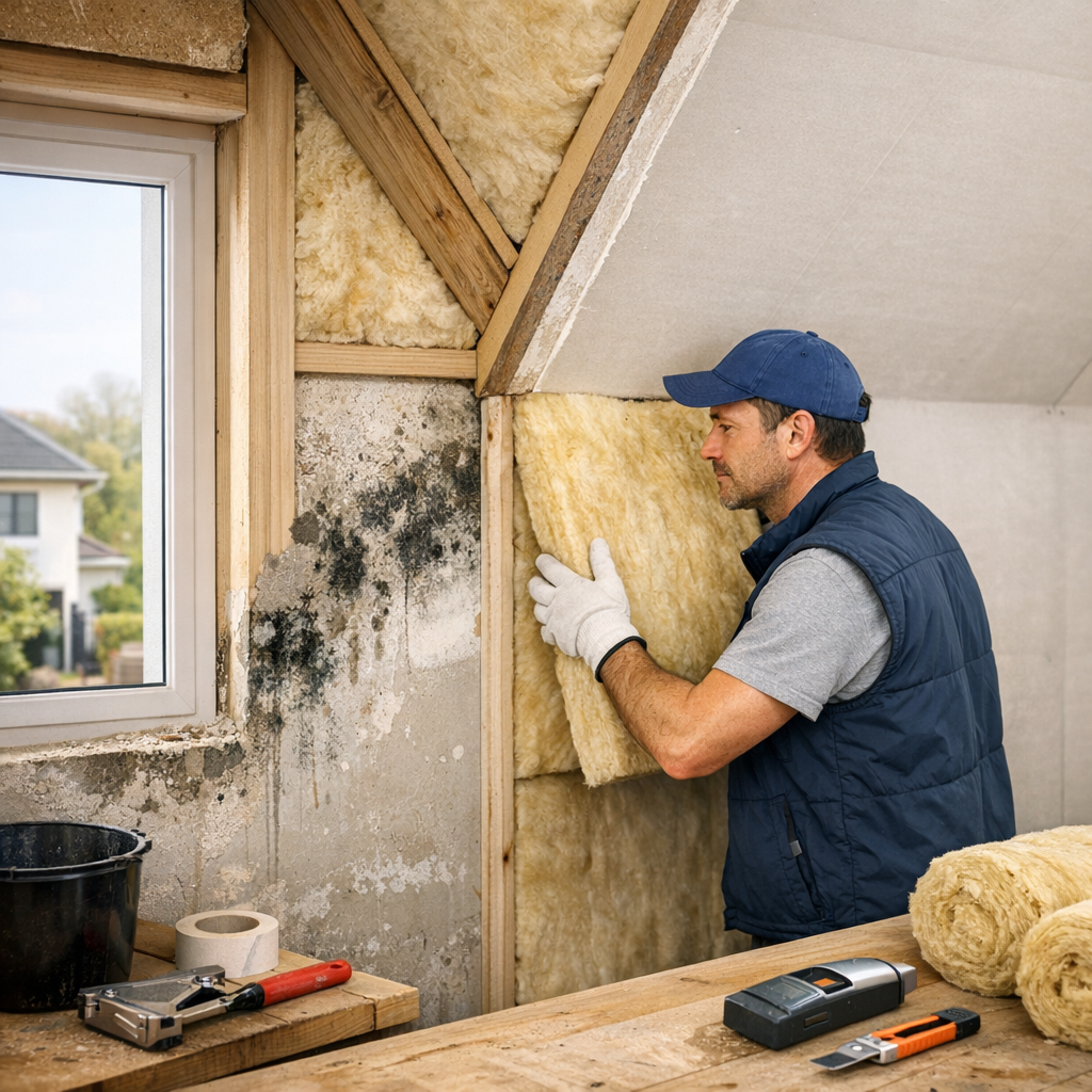 A man wearing gloves installs insulation panels in the corner of a room with a window, surrounded by construction tools and materials.