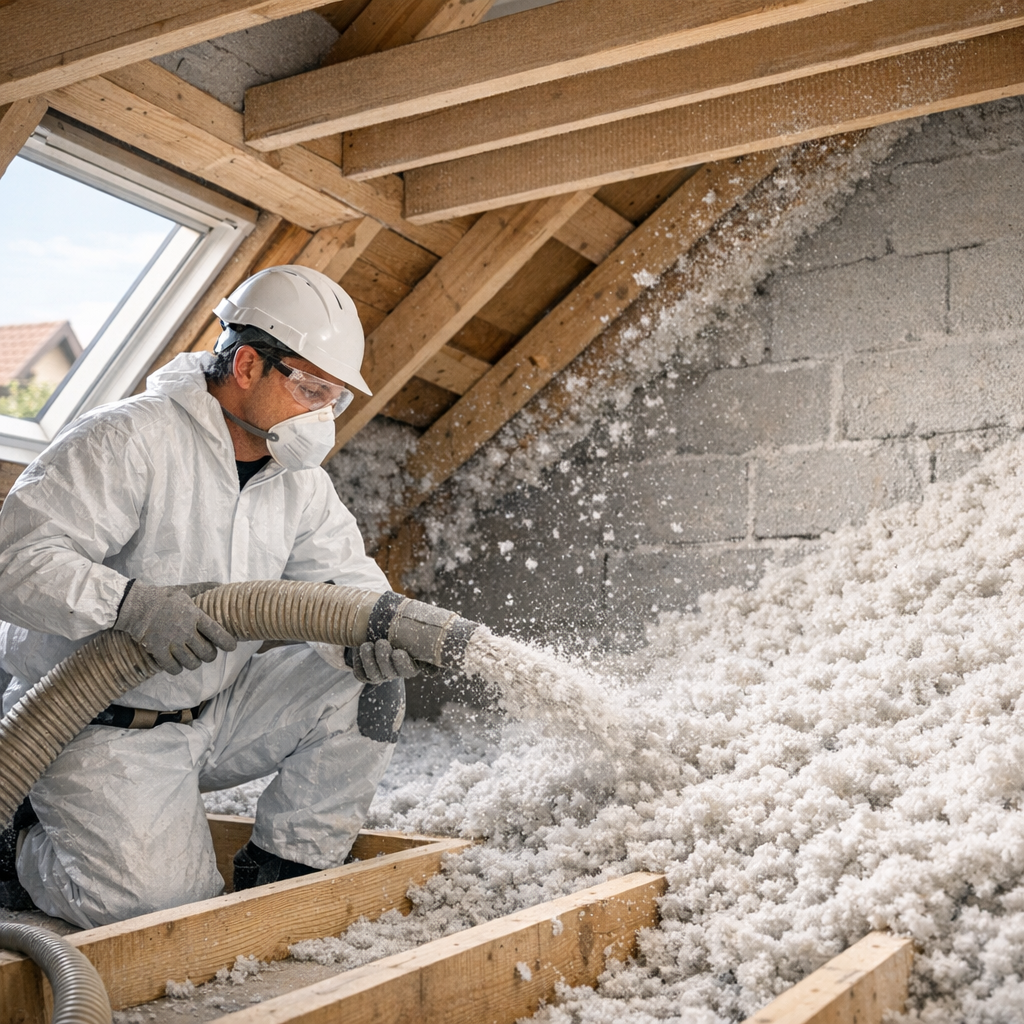 A worker in protective gear installs insulation in an attic using a hose.