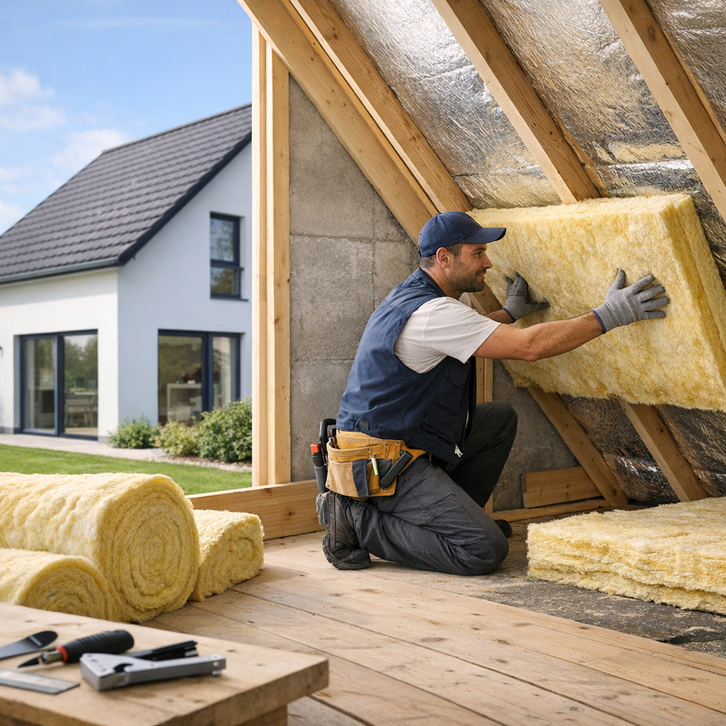 A construction worker installs insulation panels in an unfinished attic, with rolled insulation and tools nearby.