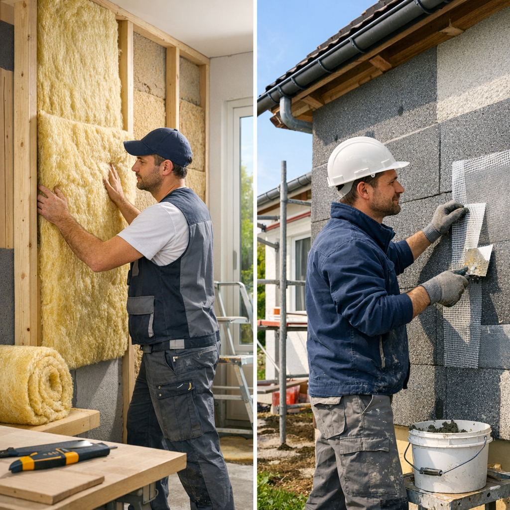 A construction worker installs insulation panels indoors on the left and applies material to an exterior wall while wearing a hard hat on the right.