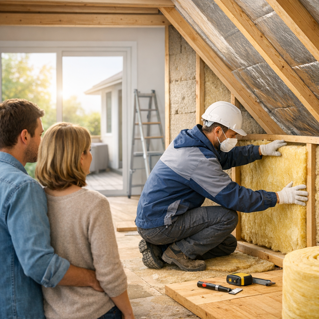 A contractor in a hard hat installs insulation in an attic while a couple observes from behind.