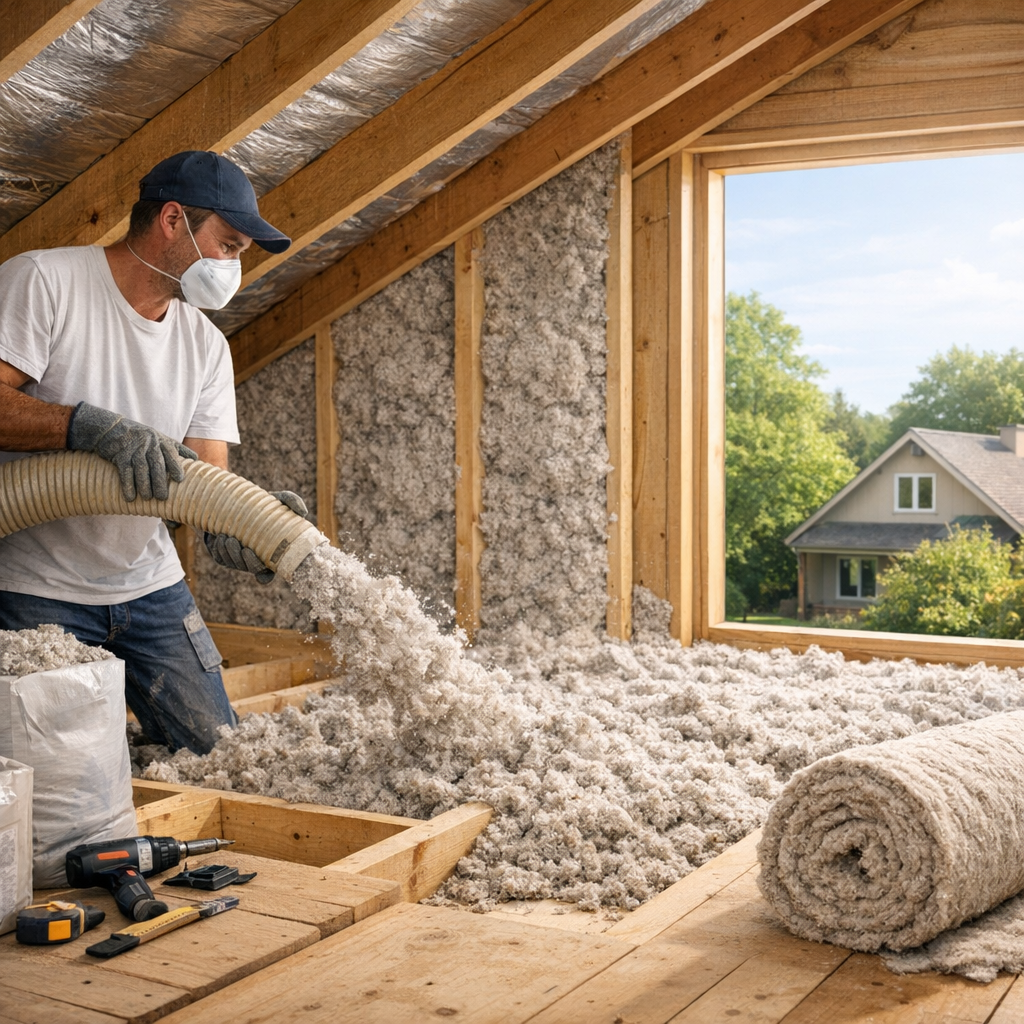 A man in a mask and gloves is installing insulation in an attic, using a hose to pour material onto the floor, with a house visible through an open window.