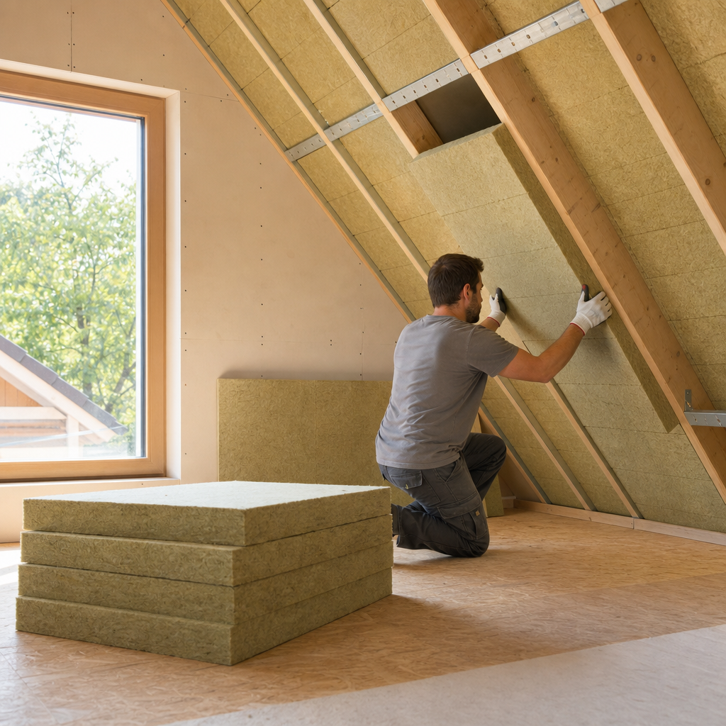 A man installs insulation panels on a sloped roof in an unfinished attic.