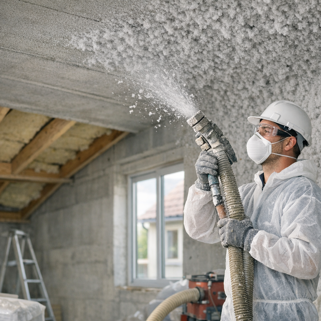 A construction worker in protective gear sprays insulation onto a ceiling in a partially finished room.