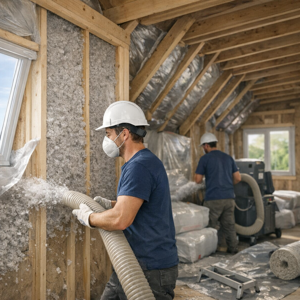 Two construction workers in hard hats and masks are adding insulation to the walls of an unfinished room using a hose and a vacuum system.