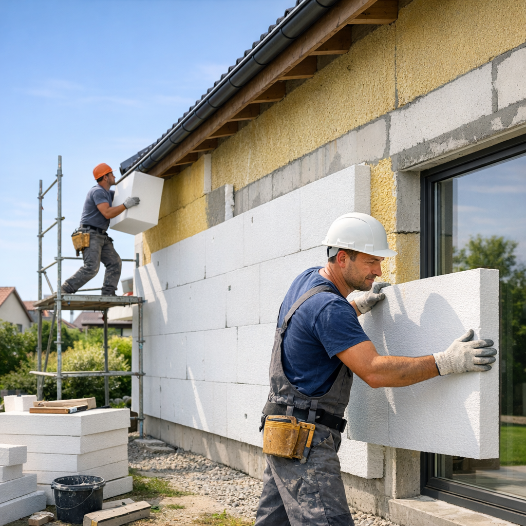 Two construction workers install foam panels on an exterior wall of a building, one climbing a scaffold and the other positioning a panel near a window.