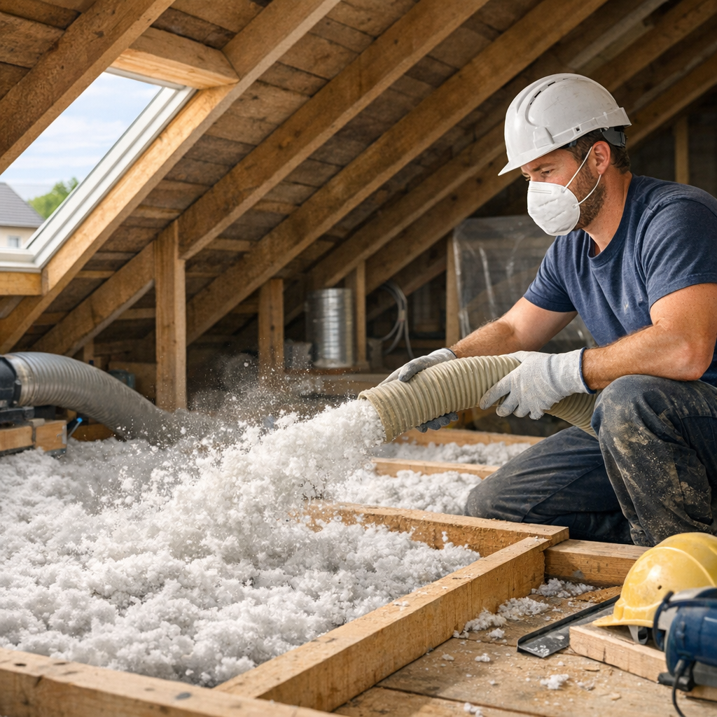 A man wearing a hard hat and mask insulates an attic by blowing white material from a hose onto the wooden floor.