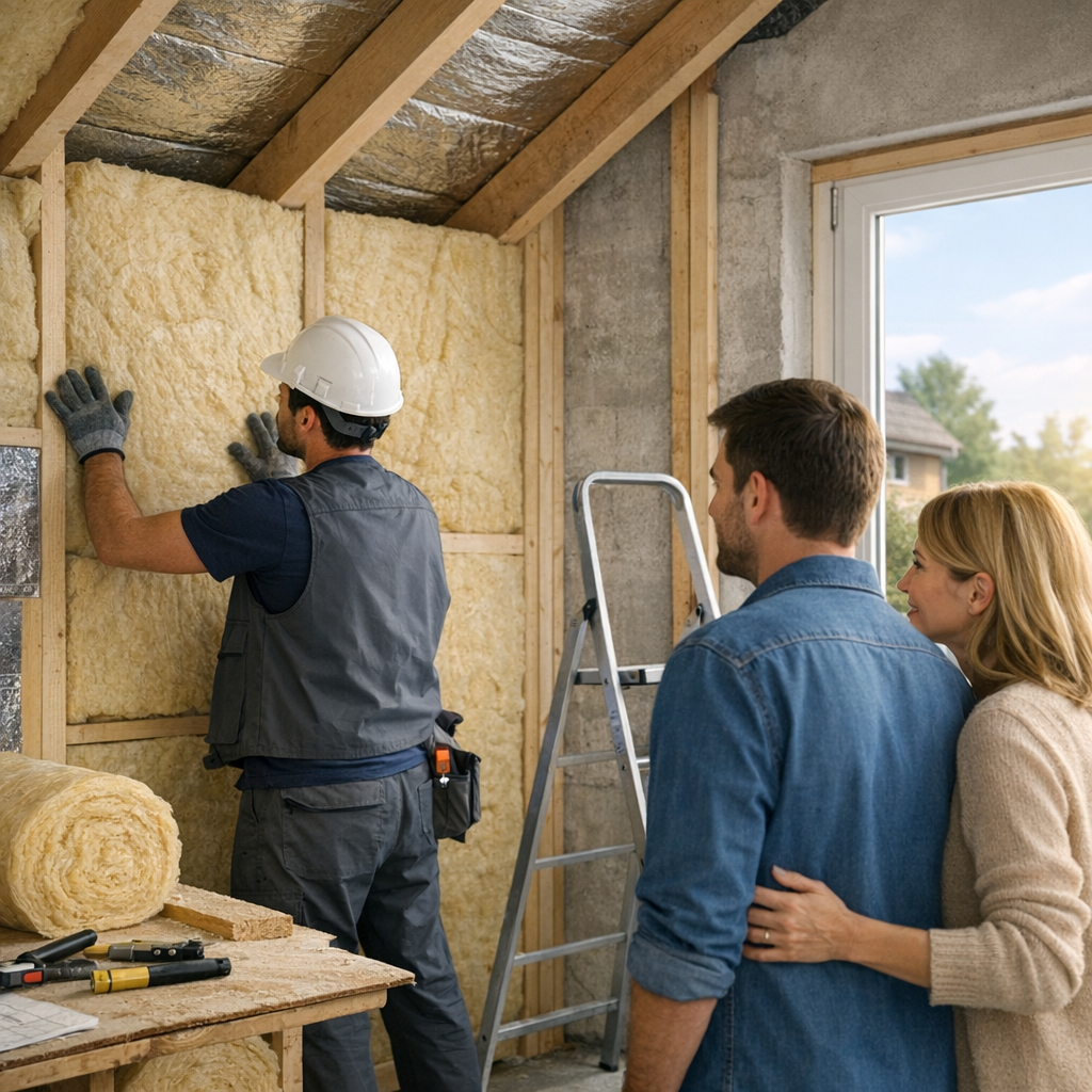 A construction worker installs insulation in a home while a couple observes from a distance.