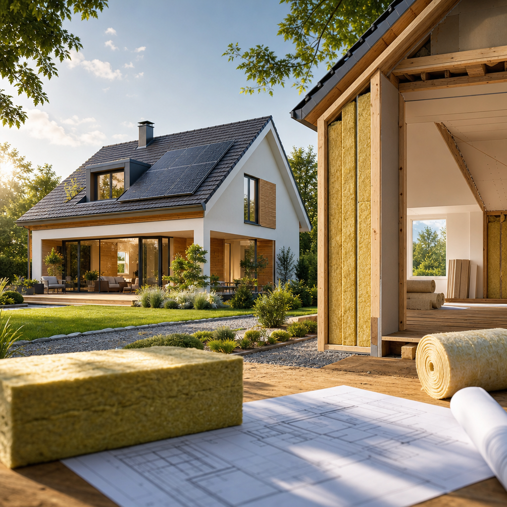A modern house with solar panels in the background and construction materials, including insulation and blueprints, in the foreground.