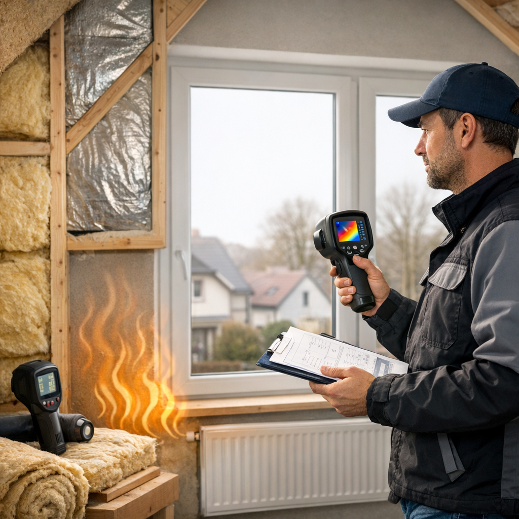 A man in a jacket holds a thermal imaging camera and clipboard near insulation material in a partially finished room.
