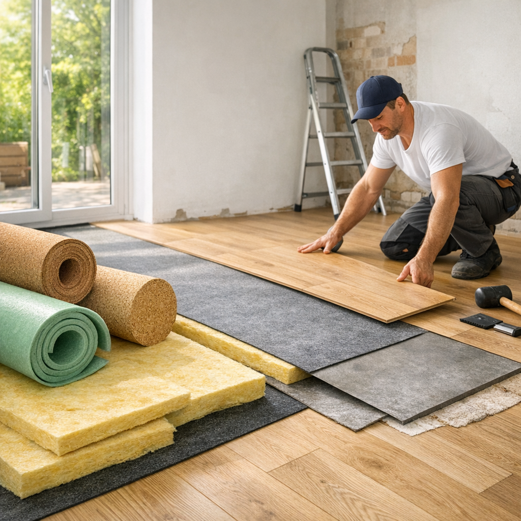 A man is installing flooring in a room, with various types of underlayment and tools laid out nearby.