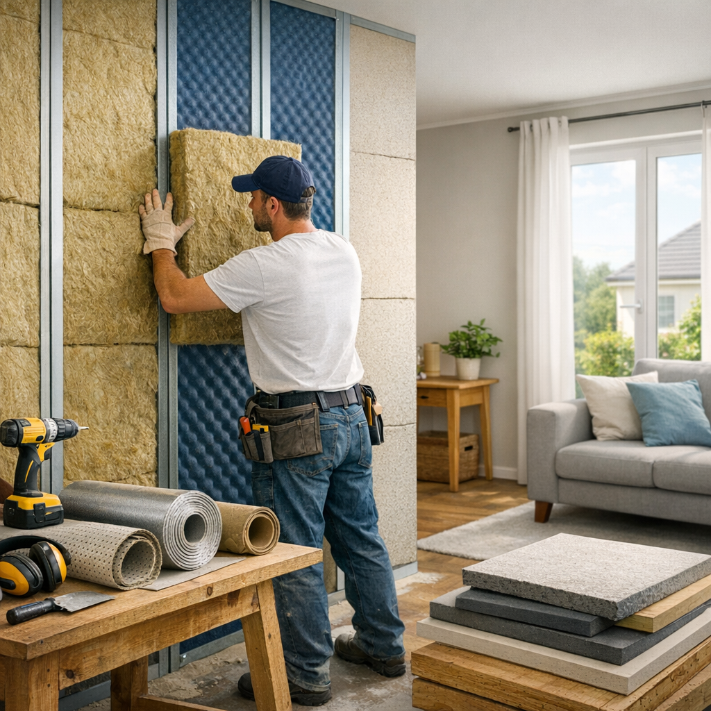 A man in a white shirt and blue jeans installs soundproofing material on a wall in a living room, with tools and insulation materials on a wooden table nearby.