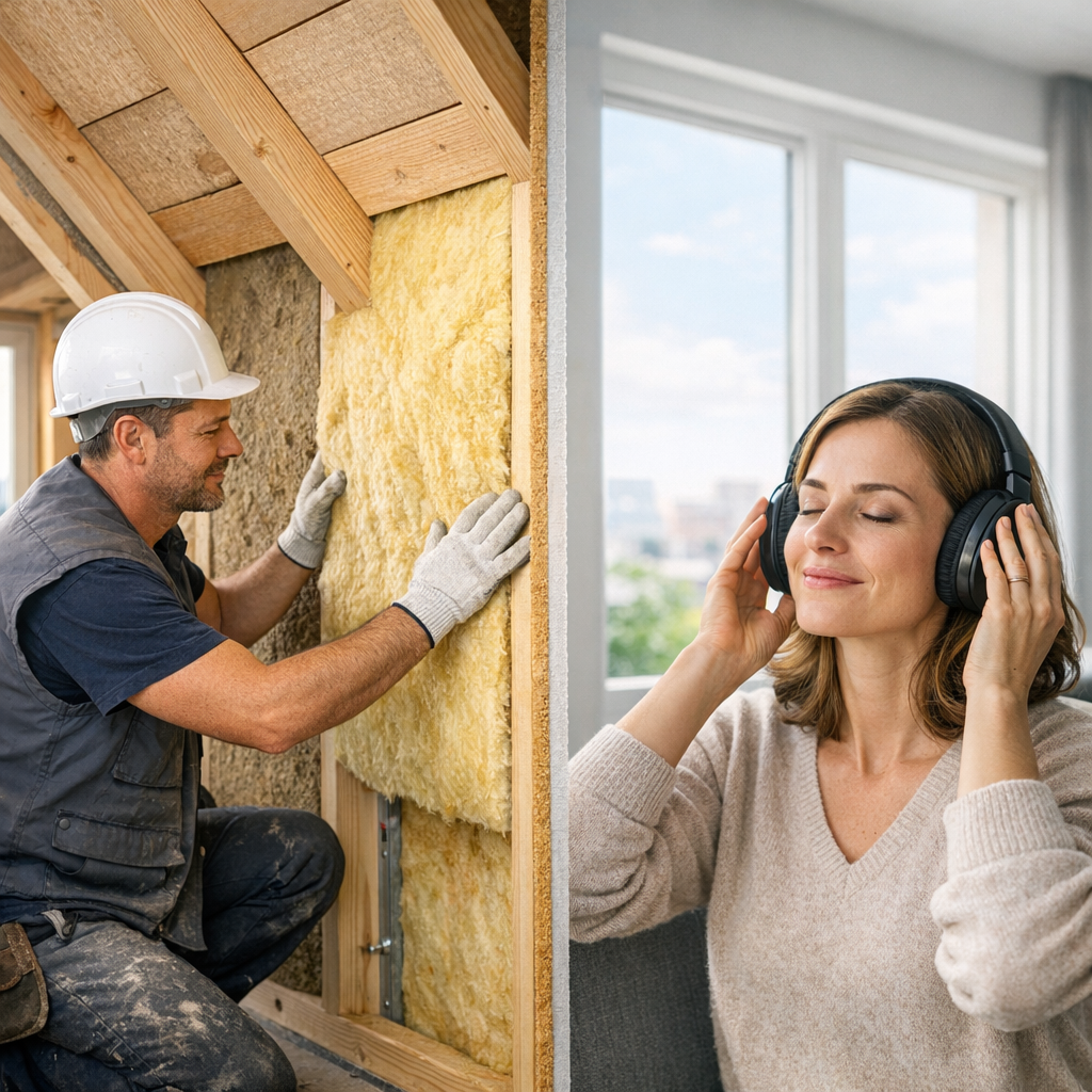 A construction worker installs insulation on the left, while a woman relaxes with headphones on the right.