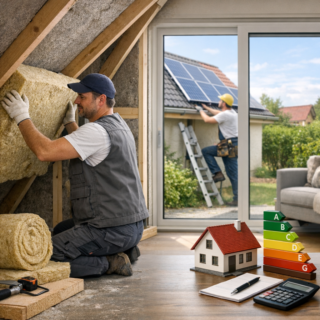 A contractor insulates an attic while another worker installs solar panels on the roof, with a model house and energy efficiency chart on a table nearby.