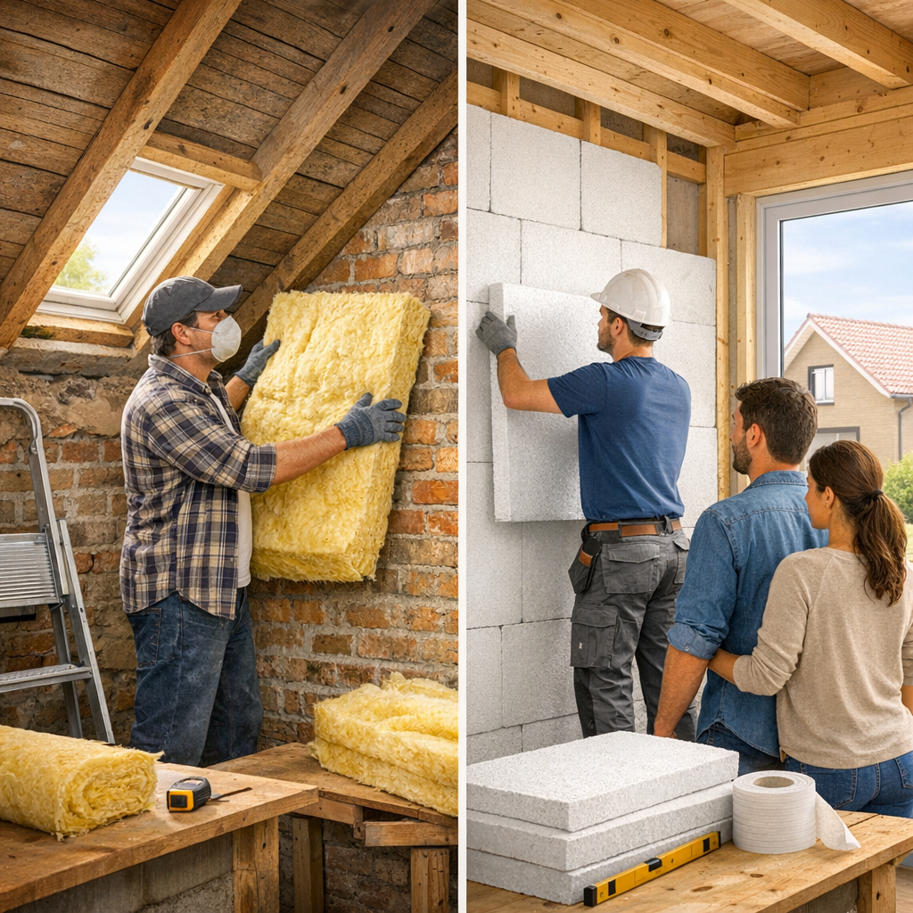 A man installs insulation in an attic while another man, a woman, and a third worker assist in applying panels to a wall in a separate room.