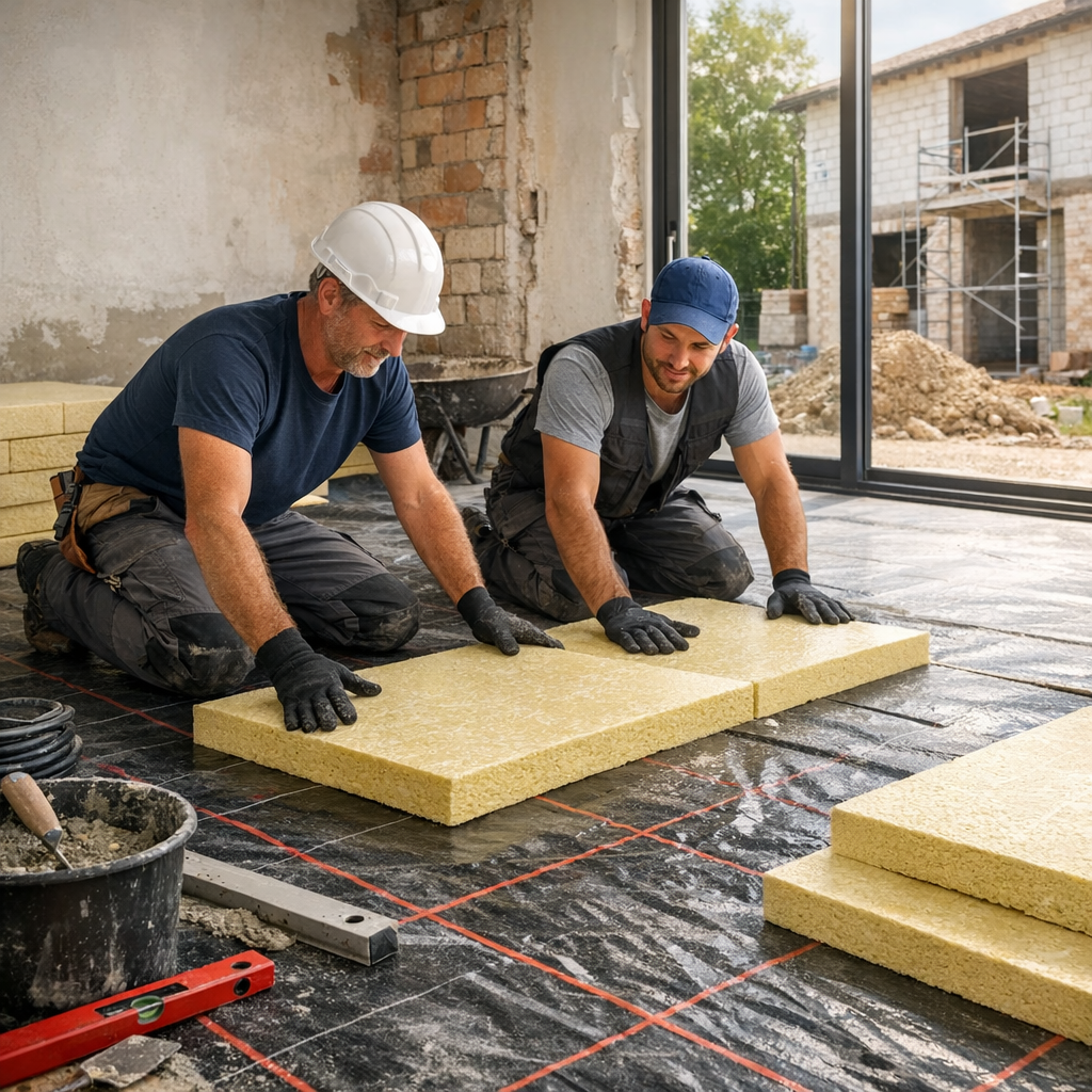 Two workers kneel on a partially constructed floor, installing insulation boards in a building under renovation.