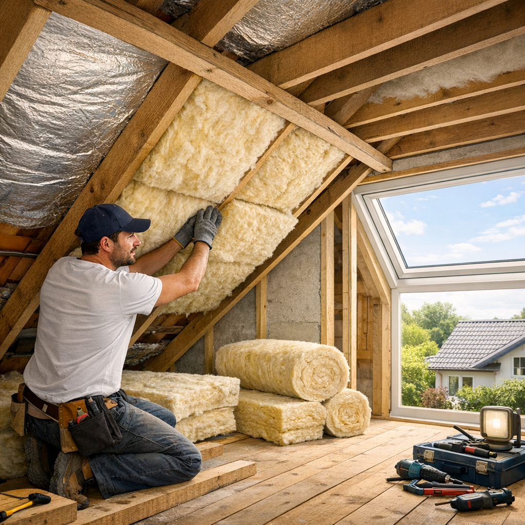 A man installs insulation panels in an attic, with rolls of insulation and tools nearby and a window showing a residential view.